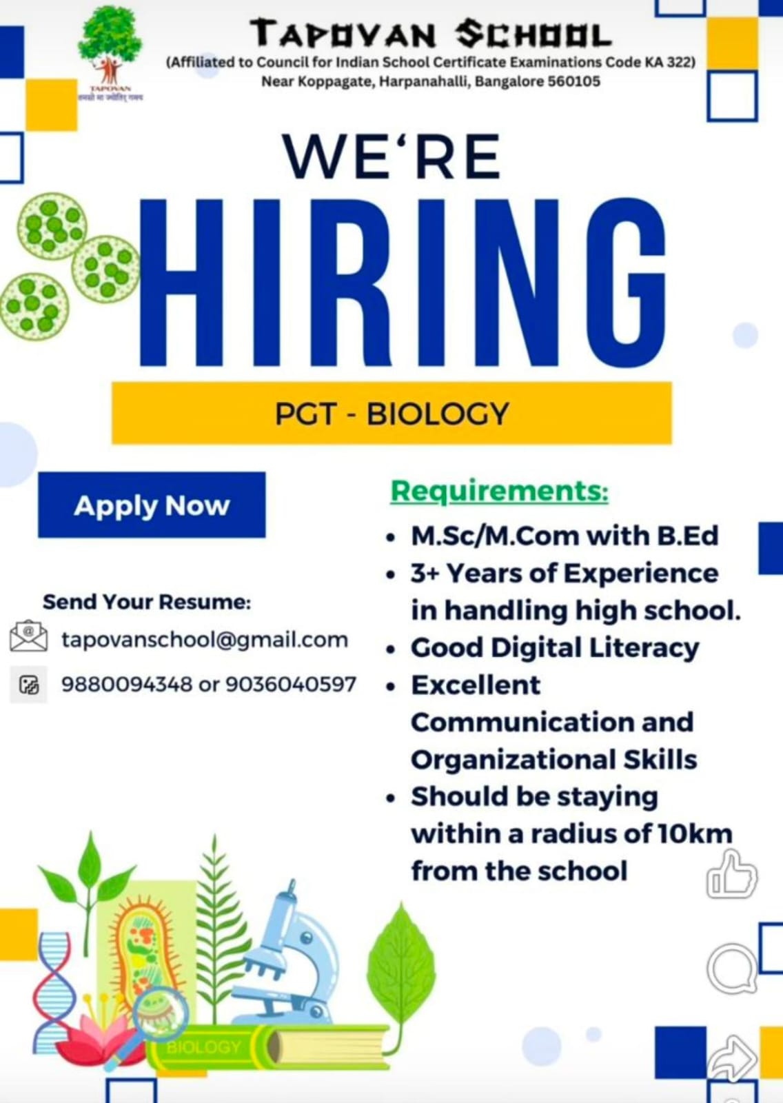 Vacancy for Msc and M.com with B.Ed at bangalore for school