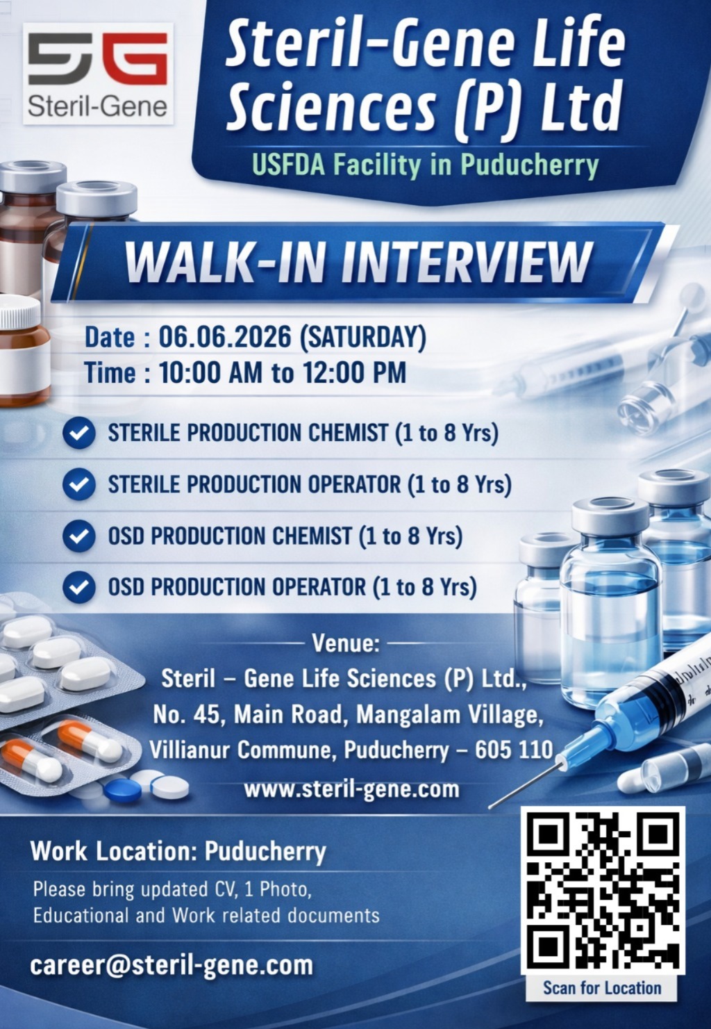 Walk-in for Pondicherry's OSD and sterile operators and production