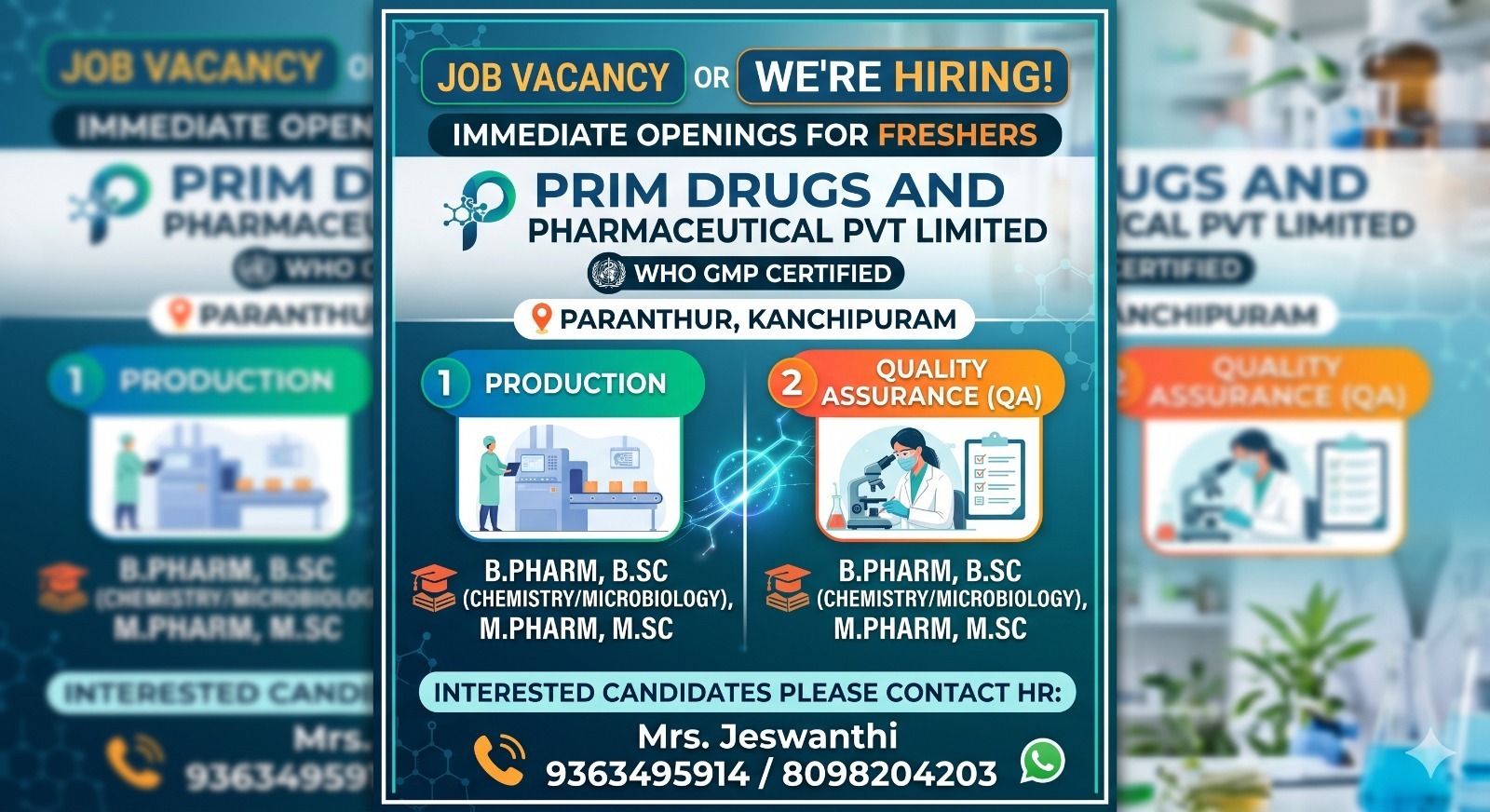 Bsc Msc B.Pharm and M.Pharm Freshers at Chennai Kanchipuram